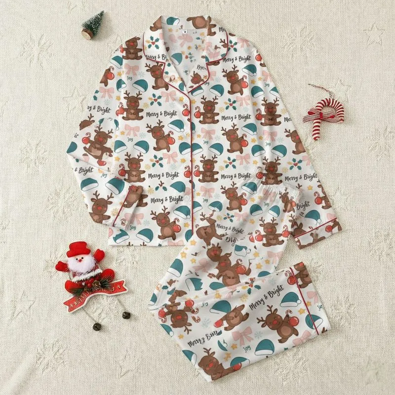 Women's Festive Off-White Cartoon Reindeer, Teal Santa Hats, Holly, Golden Bells, & 'Merry & Bright' Text Pattern Satin Pajamas Set - 1