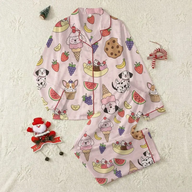 Women's Sweet Pastel Pink Dog Dessert Fruit Pattern: Poodle Ice Cream, Dalmatian Cookie, Chihuahua Cupcake Satin Pajamas Set - 1