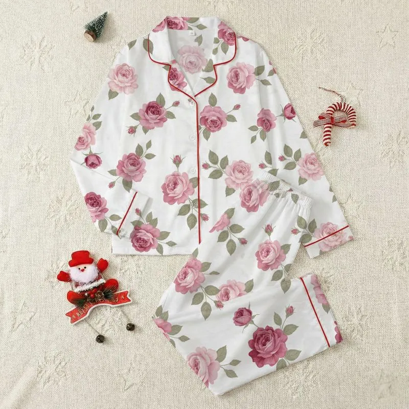 Women's Elegant Hand-Drawn Rose Floral Pattern with Pink Fuchsia Crimson Blooms & Olive Foliage Satin Pajamas Set - 1