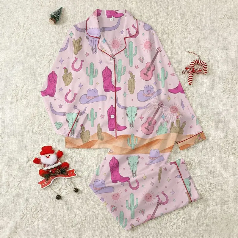 Women's Hand-Drawn Whimsical Desert Pastel Pink Steer Skull Cactus Boot Star Pattern Satin Pajamas Set - 1