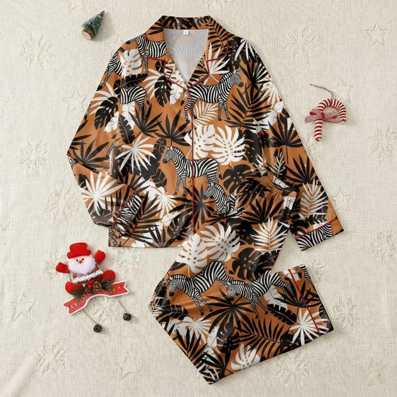 Women's Vibrant Burnt Orange Tropical Jungle Zebra Black White Foliage Pattern Satin Pajamas Set - 1