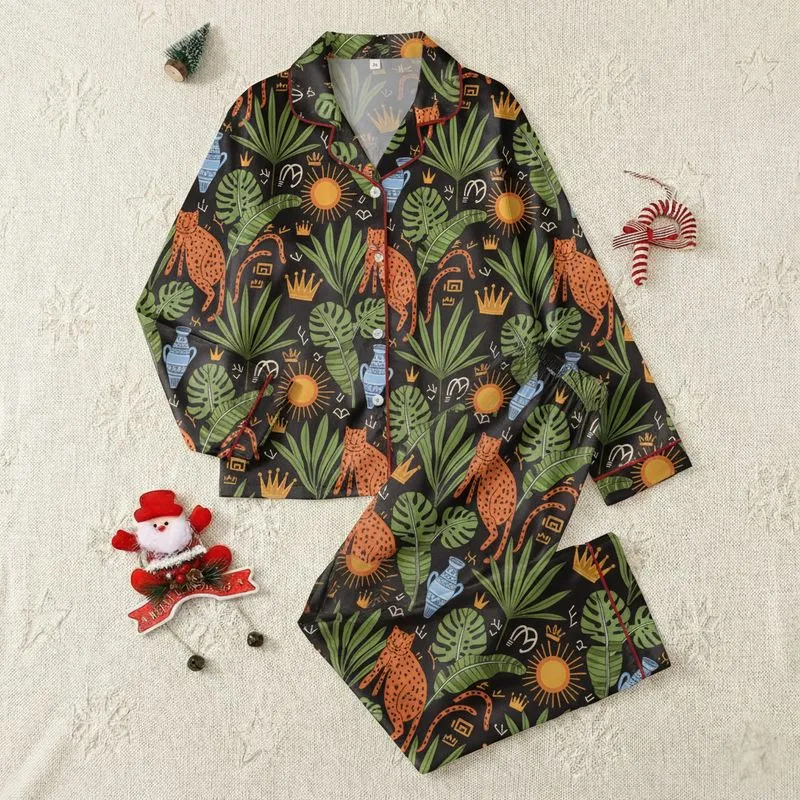 Women's Sepia Tropical Jungle Leopard Palm Sun Ancient Pottery Hand-Drawn All-Over Pattern Satin Pajamas Set - 1