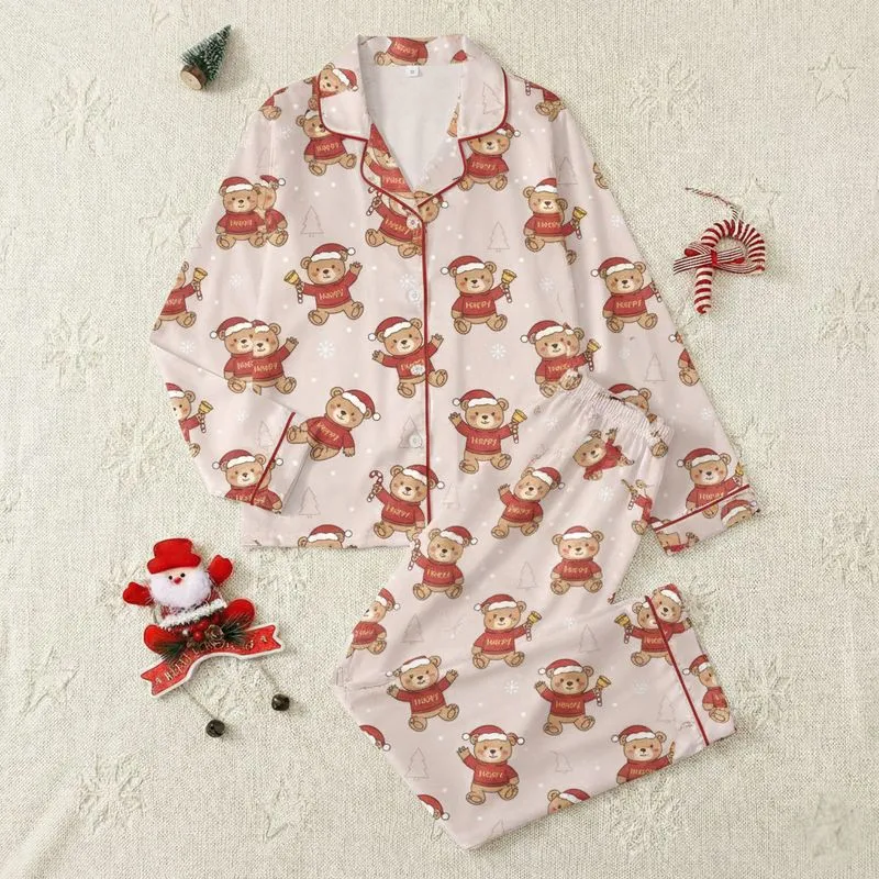 Women's Light Pinkish-Beige Cheerful Cartoon Teddy Bear Christmas Pattern with Red Santa Hats & Candy Canes Satin Pajamas Set - 1