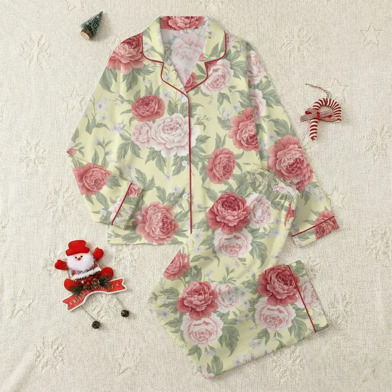 Women's Lush Lemon Yellow Painterly Peony Rose Jasmine Floral Bloom Pattern Satin Pajamas Set - 1