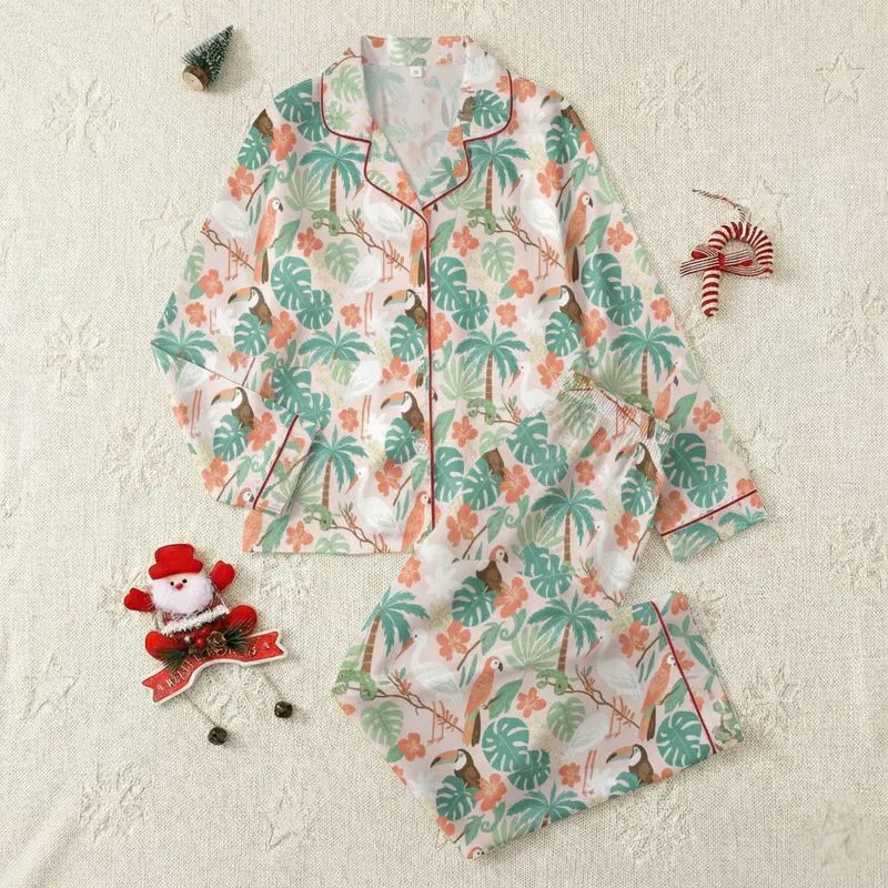 Women's Blush Pink Tropical Jungle Folk Art Pattern: Storks, Toucans, Palms & Monstera Satin Pajamas Set - 1
