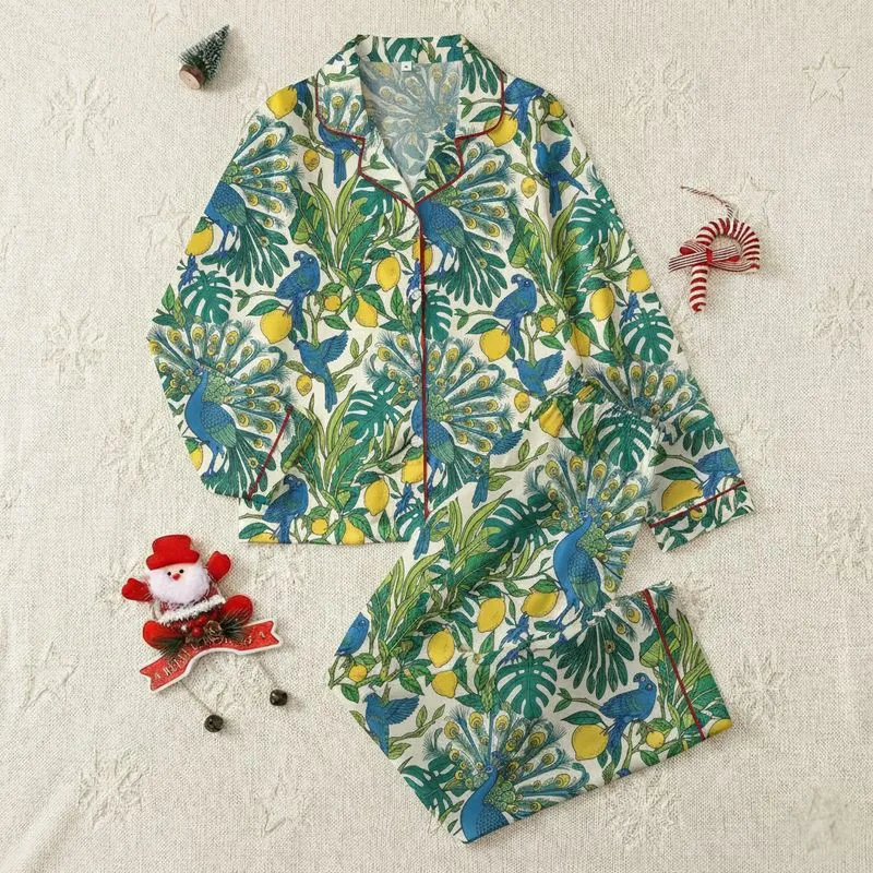 Women's Elegant Illustrative Teal Royal Blue Peacock Lemon Tropical Foliage Satin Pajamas Set - 1