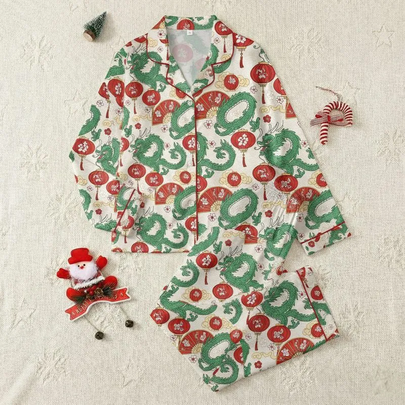 Women's Emerald Green Chinese Dragons Red Hand Fans Lanterns Gold Cloud Wisps Cream-Beige Traditional Illustrative Pattern Satin Pajamas Set - 1