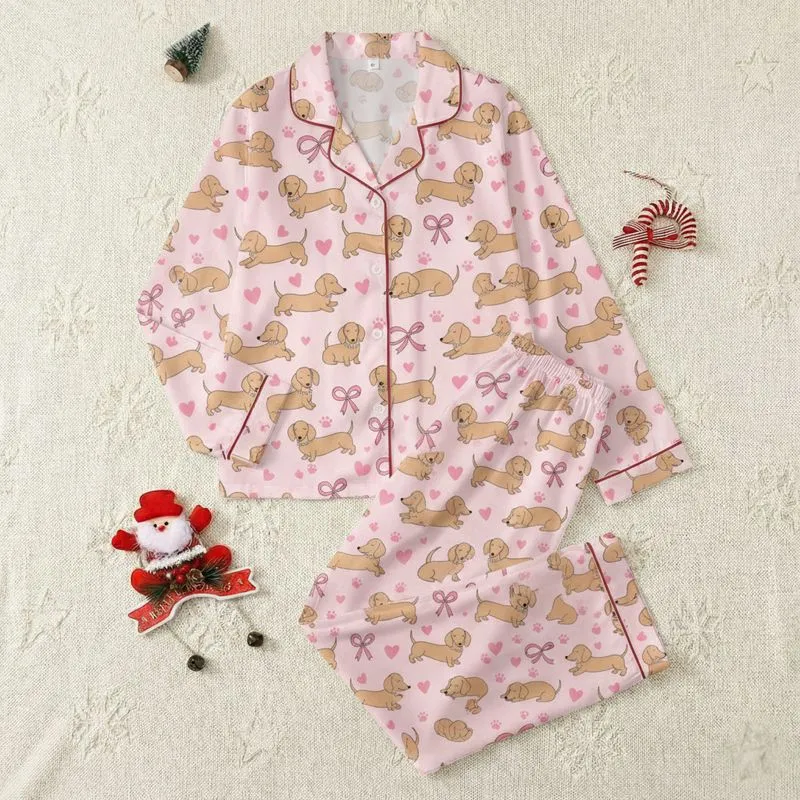Dachshund Lovers' Pastel Pink Whimsical Dog & Pearl Necklace Pattern with Ribbons & Hearts Satin Pajamas Set - 1