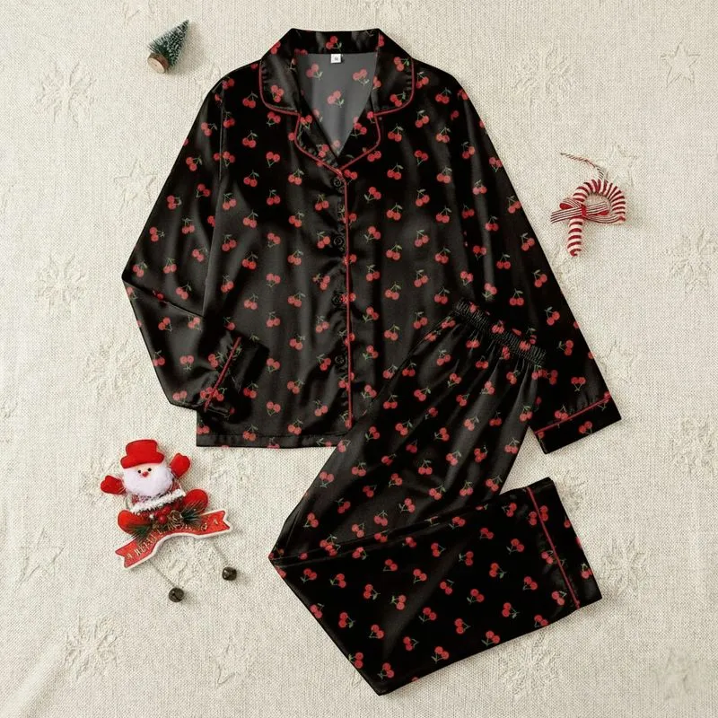 Casual Style Enthusiasts' Black Vibrant Red Cherry Cluster Bright Green Stem Flat Graphic All-Over Pattern Satin Pajamas Set - 1