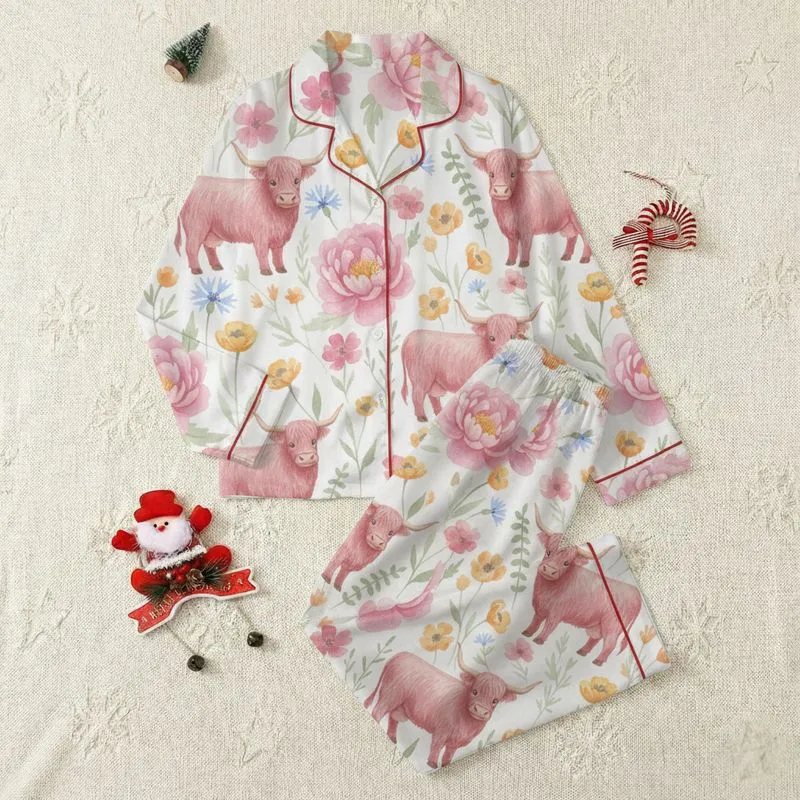 Kids' Whimsical Highland Cow Calf Dusty Rose Watercolor Peonies Buttercups Pattern Satin Pajamas Set - 1