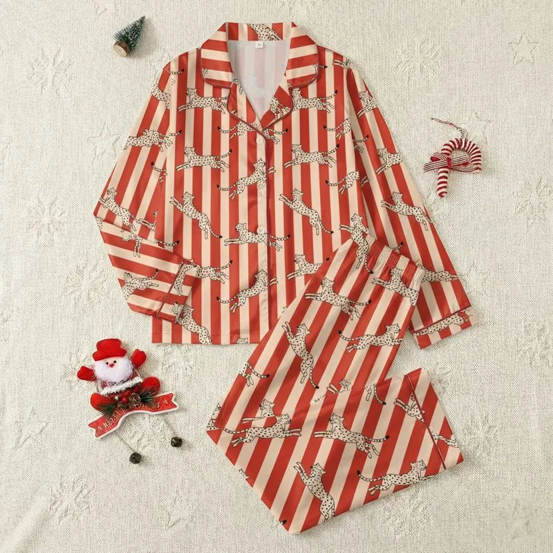 Vibrant Style Lovers' Alternating Red-Orange Peach Vertical Striped Whimsical Cheetahs Satin Pajamas Set - 1
