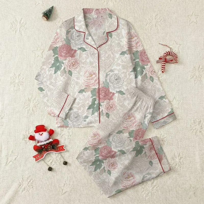 Women's Illustrative Watercolor Peony Rose Botanical Scroll Paisley Muted Blush Pink Sage Green Satin Pajamas Set - 1