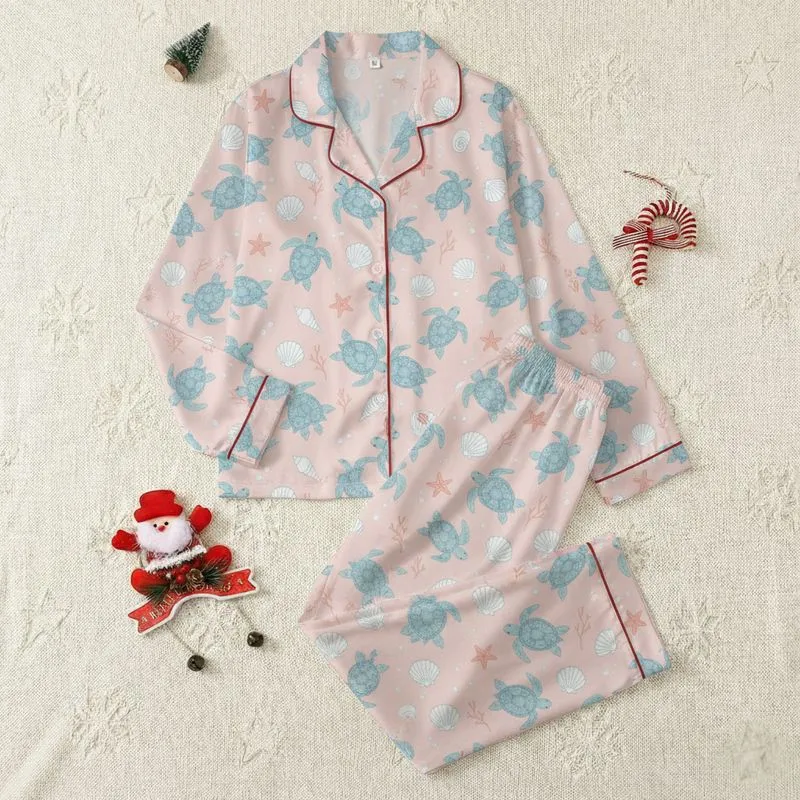 Women's Whimsical Light Pink Undersea Pattern with Blue Teal Sea Turtles, Peach Starfish & White Shells Satin Pajamas Set - 1