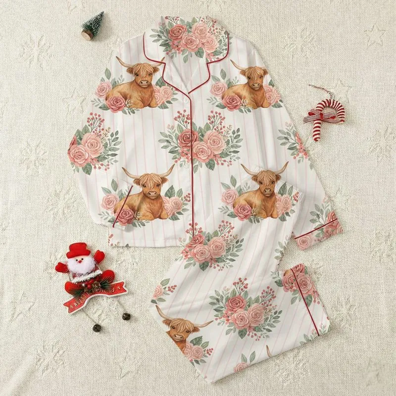 Kids' Whimsical Watercolor Highland Cow Rustic Blush Rose Sage Floral Satin Pajamas Set - 1