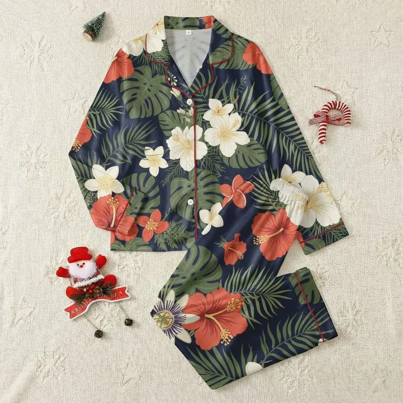 Women's Intricate Tropical Floral Tapestry with Coral Orange & Off-White Blooms on Deep Navy Satin Pajamas Set - 1
