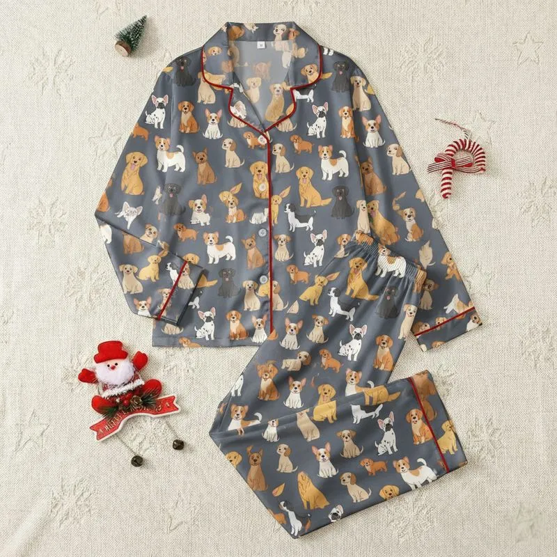 Women's Playful Cartoon Golden Retriever French Bulldog Corgi Dachshund Labrador Slate Gray Pattern Satin Pajamas Set - 1