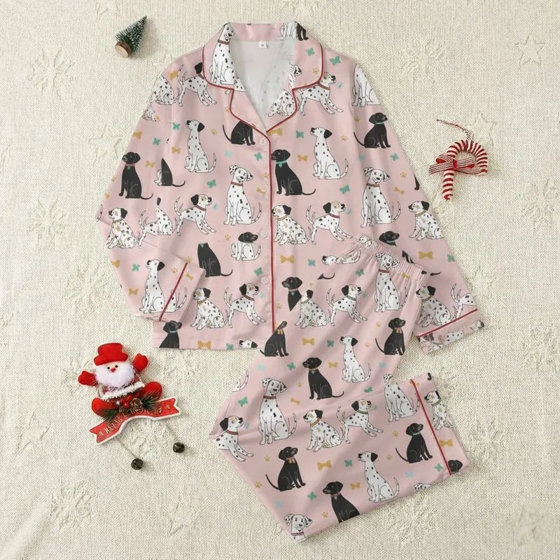 Women's Pastel Pink Whimsical Dog Black White Speckled Puppy All-Over Print with Colorful Bow Accents Satin Pajamas Set - 1