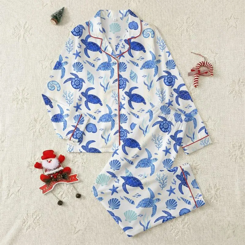 Women's Whimsical Illustrative Indigo Cobalt Blue Sea Turtle Marine Life Seamless Pattern Seashells Satin Pajamas Set - 1