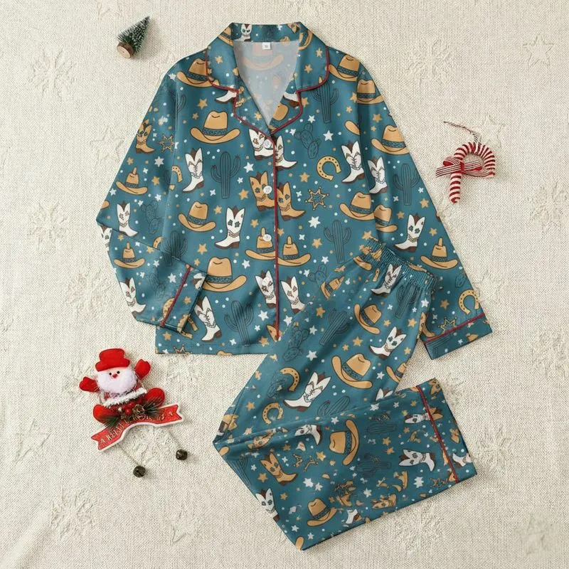 Women's Playful Cartoon Western Cowboy Boots Hats Cacti Star Gold Badge Petrol Blue Pattern Satin Pajamas Set - 1