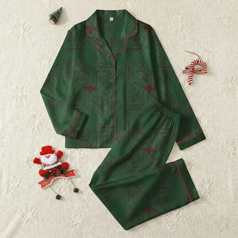 Men's Emerald Green & Maroon Red Interlocking Geometric Diamond Pattern Satin Pajamas Set - 1