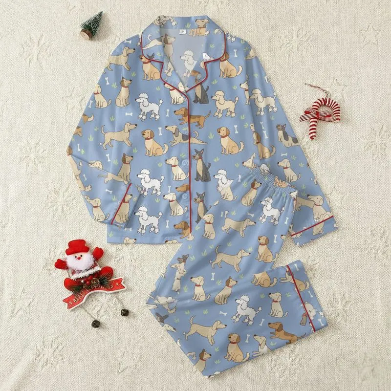 Dog Lovers' Muted Periwinkle Blue Playful Cartoon Diverse Dog Breeds Scatter Print Satin Pajamas Set - 1