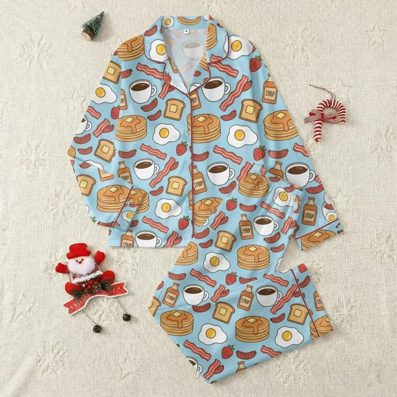 Women's Whimsical Sky Blue Breakfast Golden Pancakes Bacon Eggs Toast Strawberries Design Satin Pajamas Set - 1
