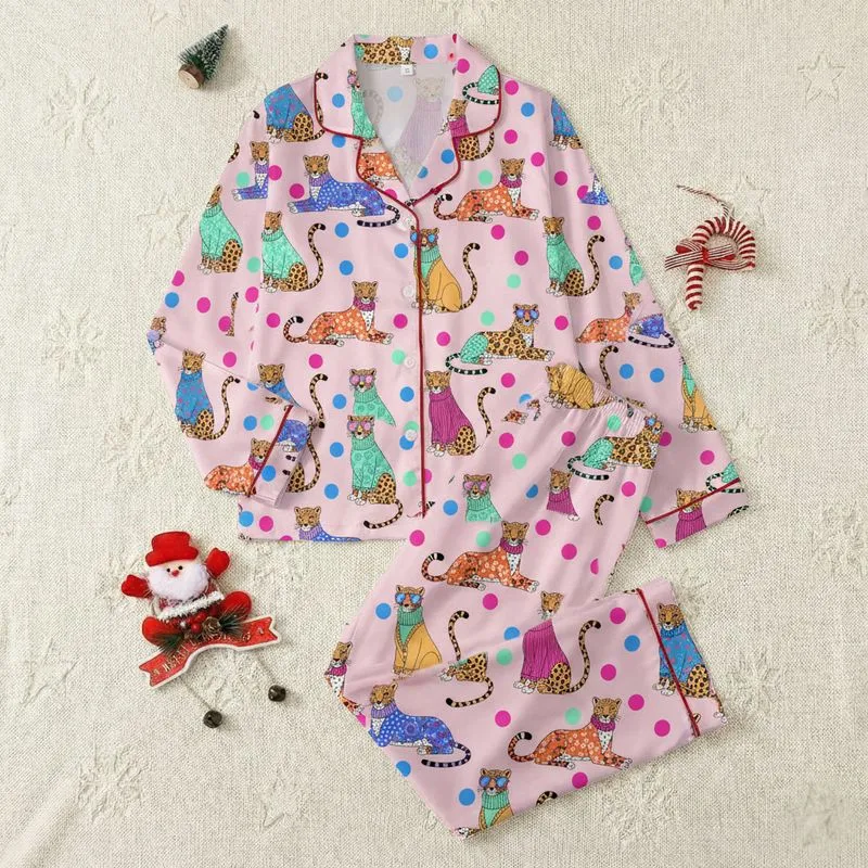 Women's Whimsical Pastel Pink Patchwork Leopard Polka Dot Stripe Floral & Sunglasses Pattern with Bright Circles Satin Pajamas Set - 1