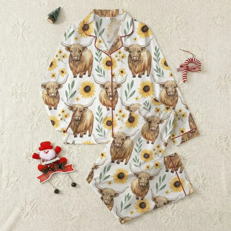 Women's Whimsical Watercolor Highland Cow & Golden Sunflower Ochre Sepia Sage Green Botanical Pattern on White Satin Pajamas Set - 1