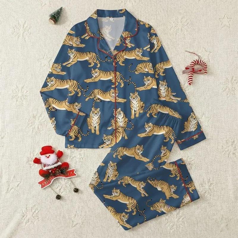 Women's Vibrant Cerulean Blue Hand-Drawn Golden Beige Illustrative Tiger Jungle Pattern Satin Pajamas Set - 1