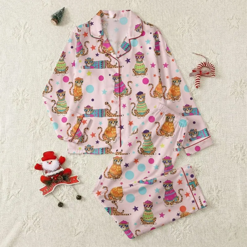 Women's Whimsical Pink Anthropomorphic Leopard Fuchsia Blue Yellow Spots & Stars Satin Pajamas Set - 1