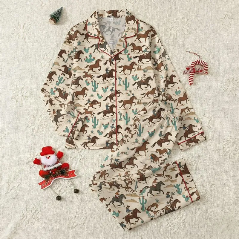 Women's Wild West Desert Galloping Horses Teal Saguaro Cactus Sandy Beige Illustrative Art Satin Pajamas Set - 1