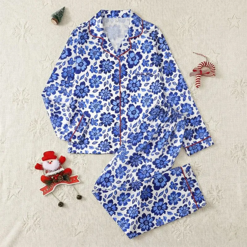 Girls' Hand-Drawn Navy Royal Sky Blue Textured Floral Block Print Satin Pajamas Set - 1