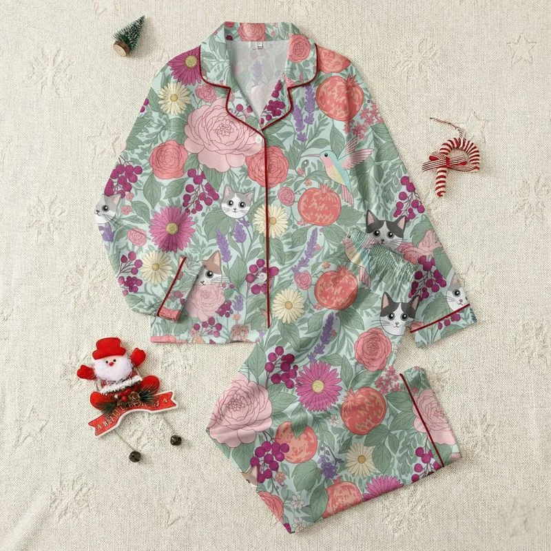 Women's Whimsical Cats & Hummingbird Botanical Floral with Pink Peonies, Coral Roses, Sage Green Satin Pajamas Set - 1