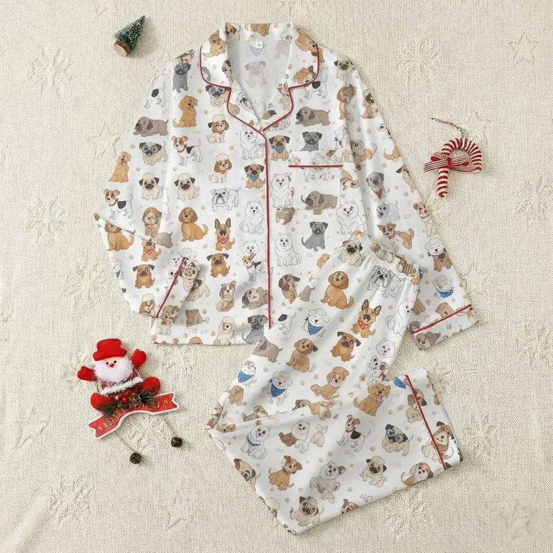 Women's Whimsical Hand-Drawn Cartoon Dog Print with Expressive Faces, Red & Blue Accents Satin Pajamas Set - 1