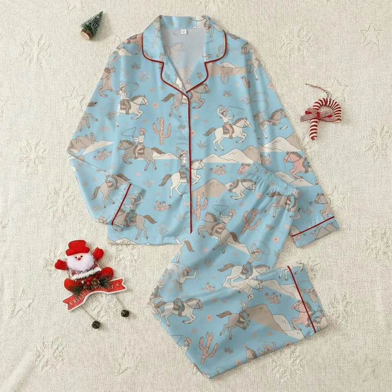 Women's Whimsical Sky Blue Western Desert Cowboy Cowgirl Cactus Repeat Pattern with Soft Pink & Orange Satin Pajamas Set - 1