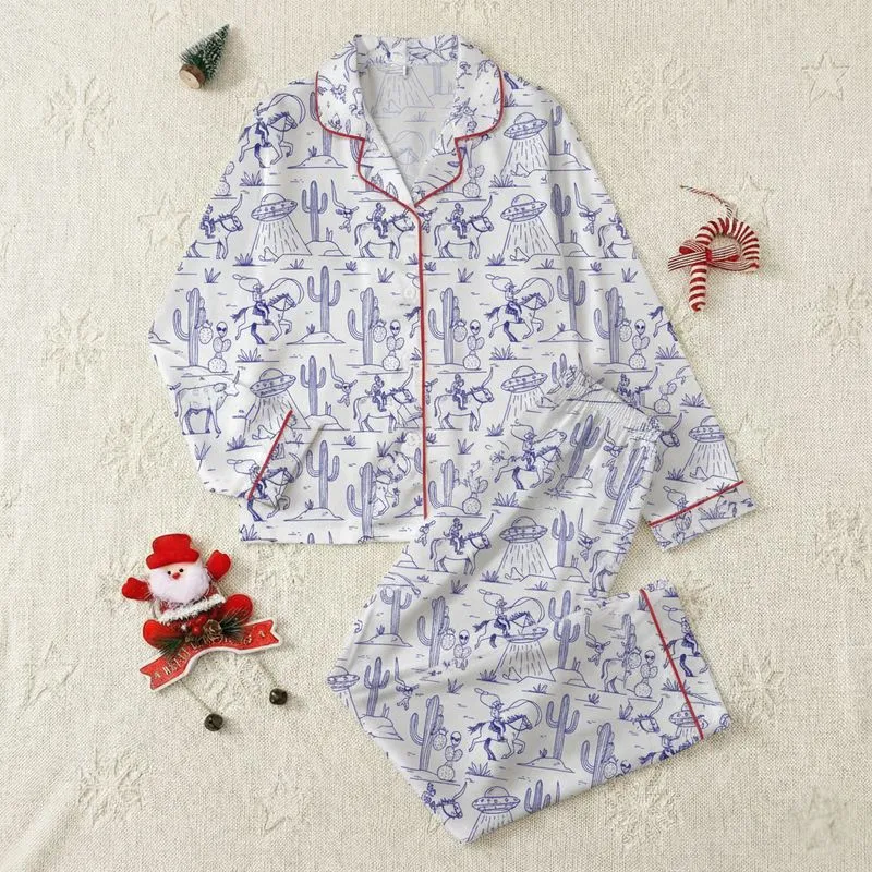 Women's Whimsical Hand-Drawn Indigo Blue Sci-Fi Western Desert Pattern with Cowboys Lassoing UFOs Satin Pajamas Set - 1
