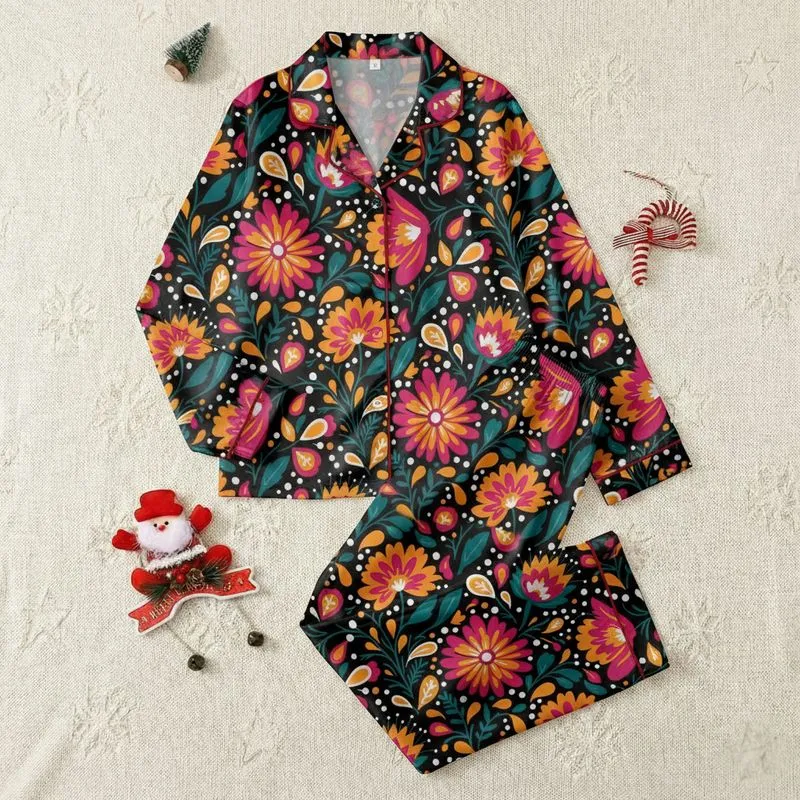 Women's Vibrant Fuchsia Marigold Teal Folk Art Floral Explosions Paisley Pattern Satin Pajamas Set - 1