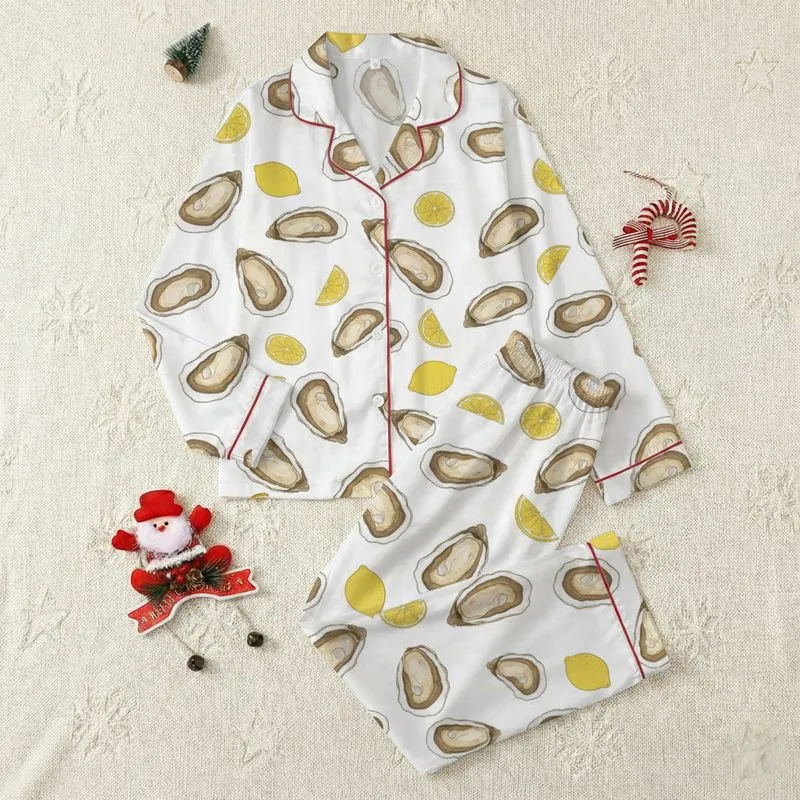 Women's Hand-Drawn Sepia Oyster & Bright Lemon Slice White Coastal Pattern Satin Pajamas Set - 1