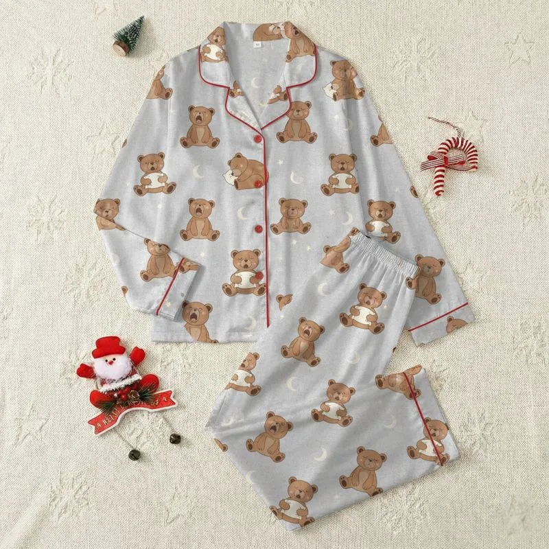 Women's Seamless Light Heather Grey Warm Brown Teddy Bear Moon Star Sleepytime Pattern Satin Pajamas Set - 1