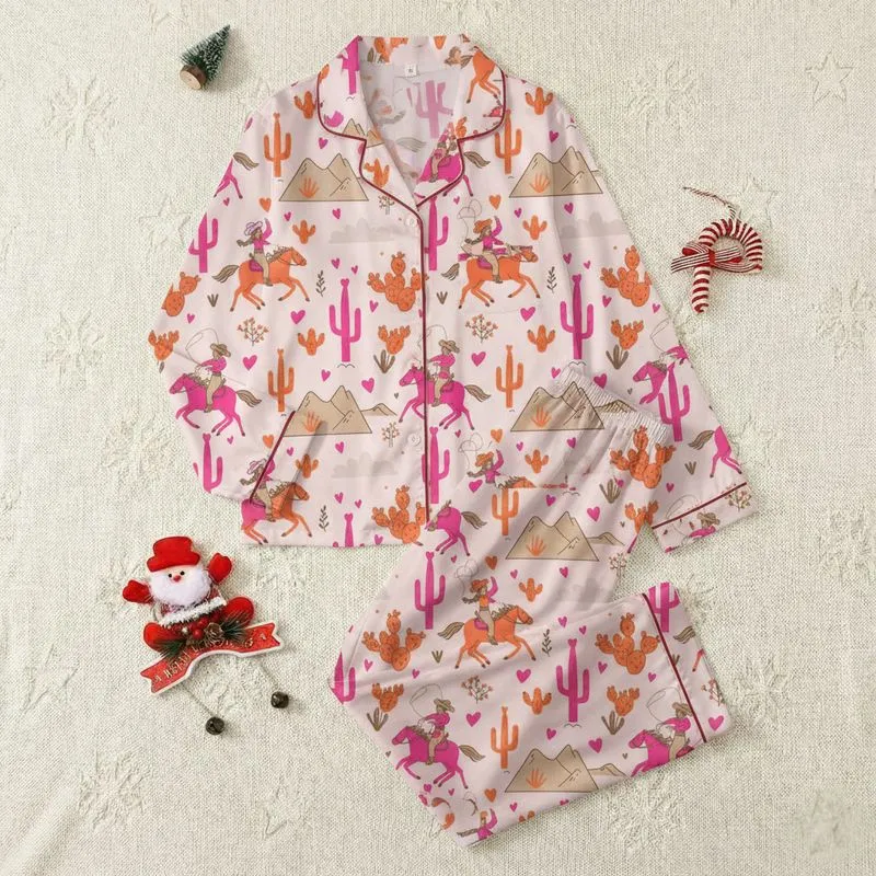 Women's Whimsical Western Cowgirl & Horse Illustrative Desert Landscape with Hot Pink Cacti Satin Pajamas Set - 1