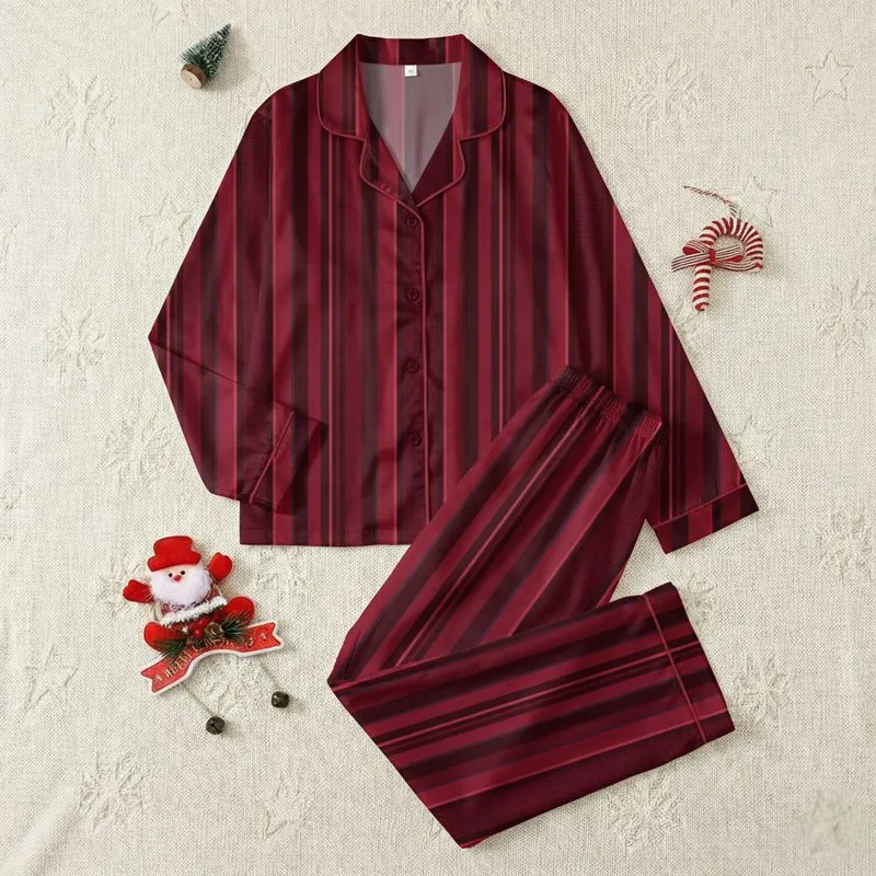 Shared Style Enthusiasts' Deep Crimson Burgundy Plum Vertical Stripes with Geometric Inlays Satin Pajamas Set - 1