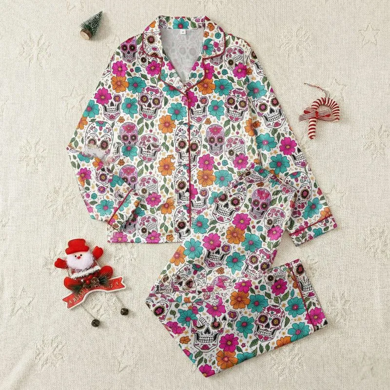 Women's Vibrant Sugar Skull Floral Pattern White Background Fuchsia Teal Orange Satin Pajamas Set - 1