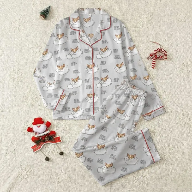 Chihuahua Lovers' Tan Cream Sleeping Chihuahua & Pillow Organic Pattern on Heather Grey with Pet Quote Satin Pajamas Set - 1