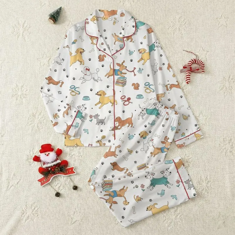 Kids' Whimsical Multi-Color Cartoon Dogs: Poodle, Beagle, Dalmatian, Dachshund with Paw Prints on White Satin Pajamas Set - 1