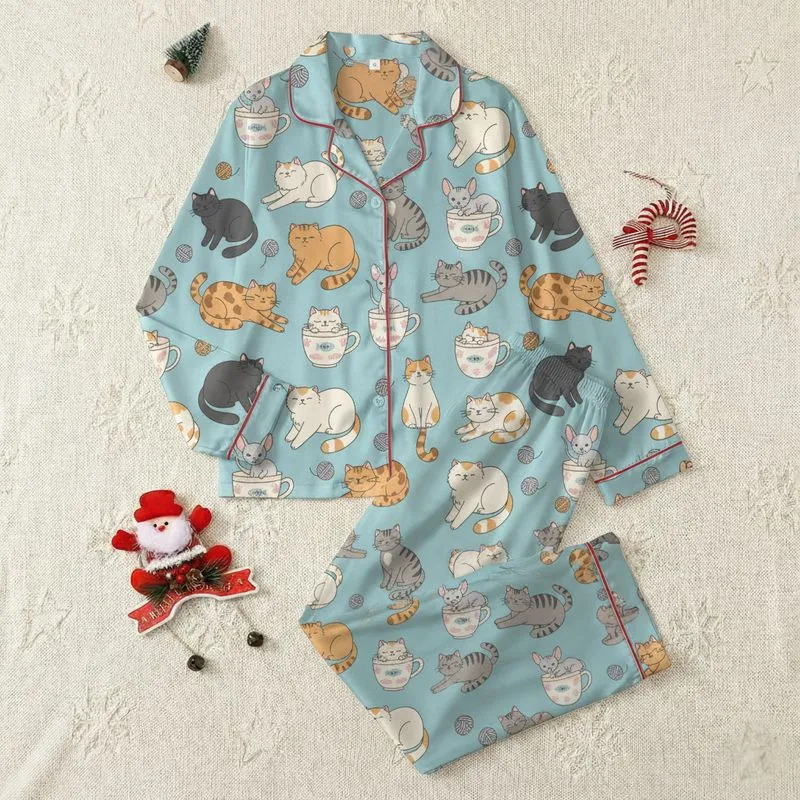 Cat Lovers' Whimsical Flat Cartoon Cat Breeds Robin's Egg Blue Orange Grey Motif Satin Pajamas Set - 1