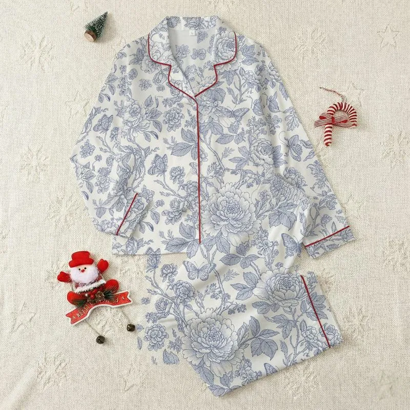 Women's Monochromatic Indigo Blue-Grey Toile Peony & Rose Botanical Pattern Satin Pajamas Set - 1