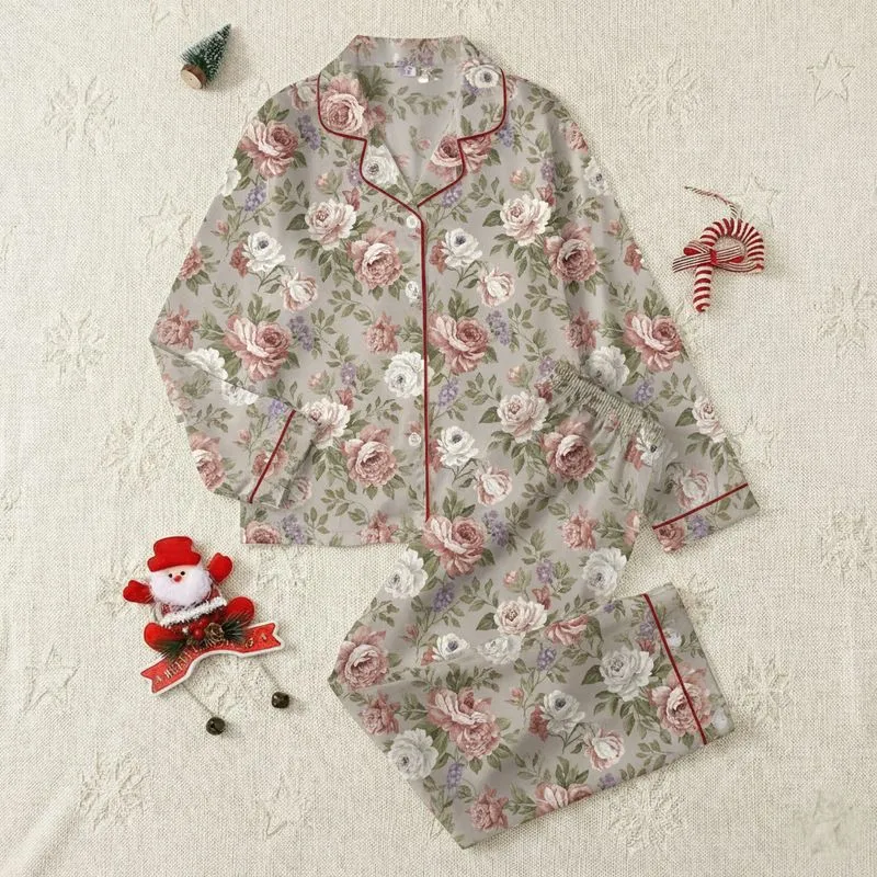 Adults' Vintage Painterly Botanical Floral Dusty Rose Sage Taupe Pattern Satin Pajamas Set - 1