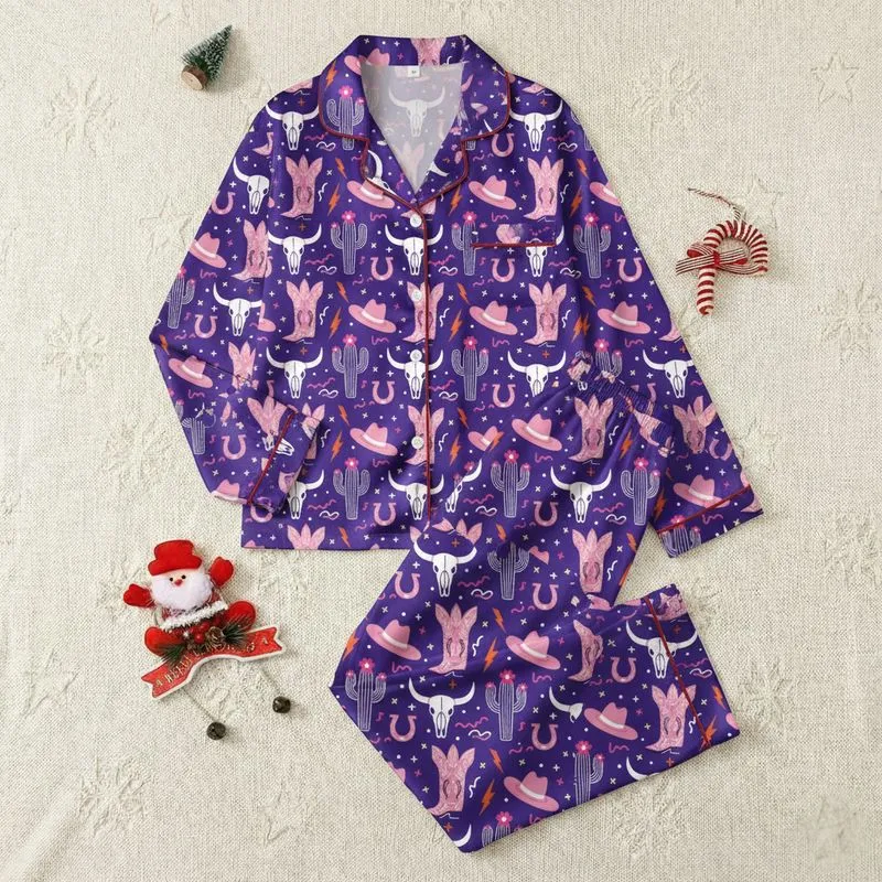 Kids' Royal Purple Western Adventure Pattern with Hot Pink Cactus, Cowboy Boots, Bull Skulls & Orange Lightning Satin Pajamas Set - 1