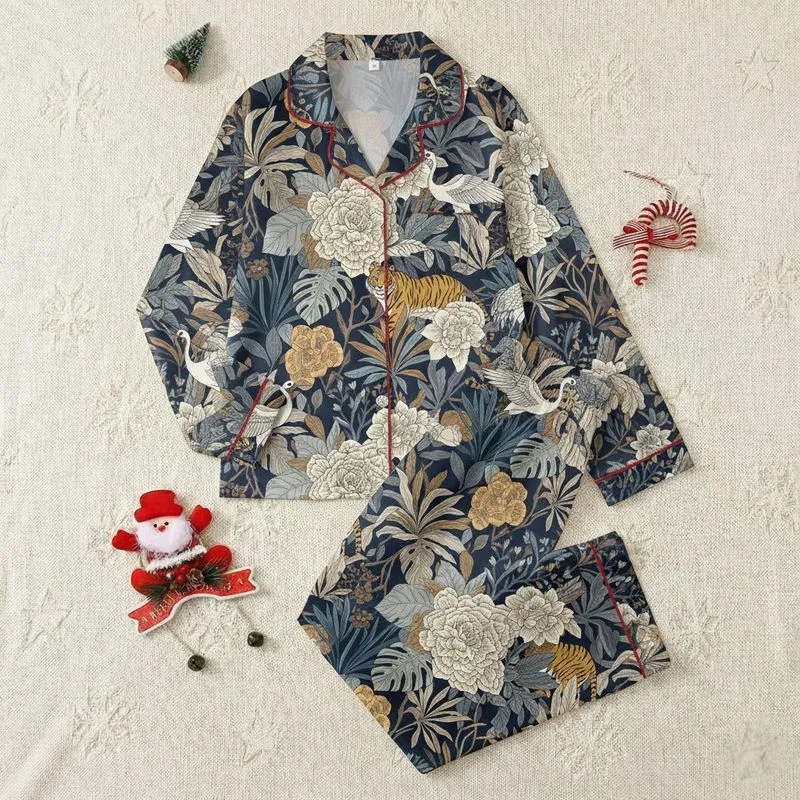 Women's Deep Navy Vintage Botanical Jungle Golden Tiger Crane Maximalist Pattern Satin Pajamas Set - 1