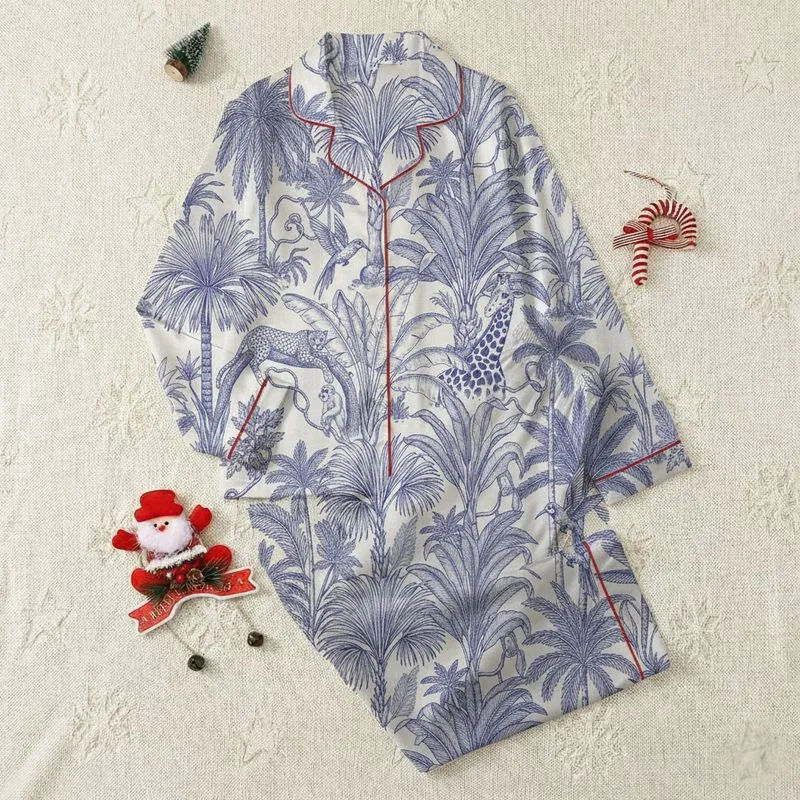 Nature Lovers' Intricate Indigo Blue Toile de Jouy Tropical Jungle Safari Animal Pattern Satin Pajamas Set - 1